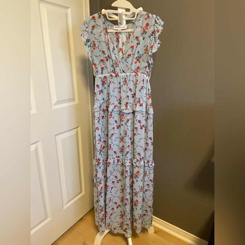Medium size blue flowery dress. Full length